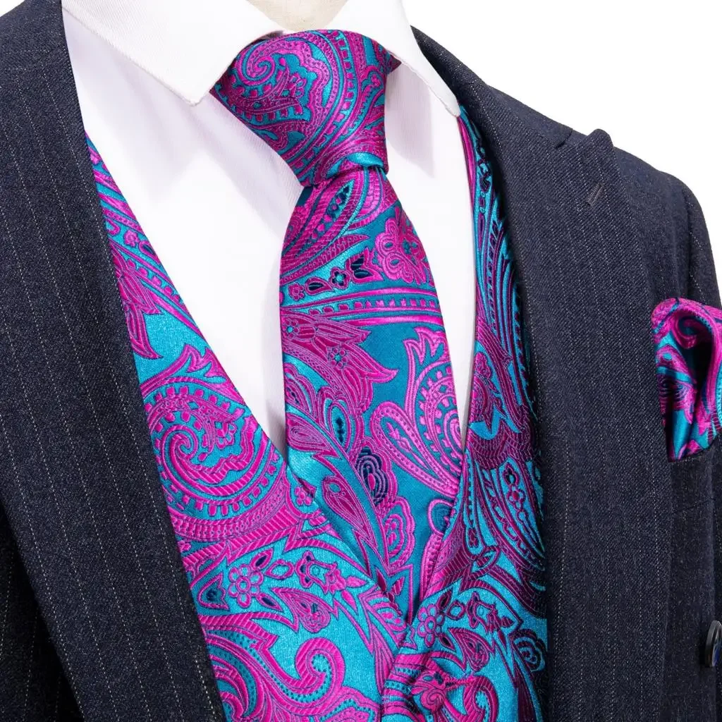 Description Picture 4 of itemSilk Vest for Men Oversized  Black Silver Green Pink Red Purple Gold Slim Suit Waistcoat Hanky Cufflinks Set
