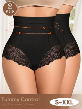 2 slip da donna a vita alta con bordi in pizzo: biancheria intima sexy, traspirante e contenitiva della pancia in nero con accenti arancioni,