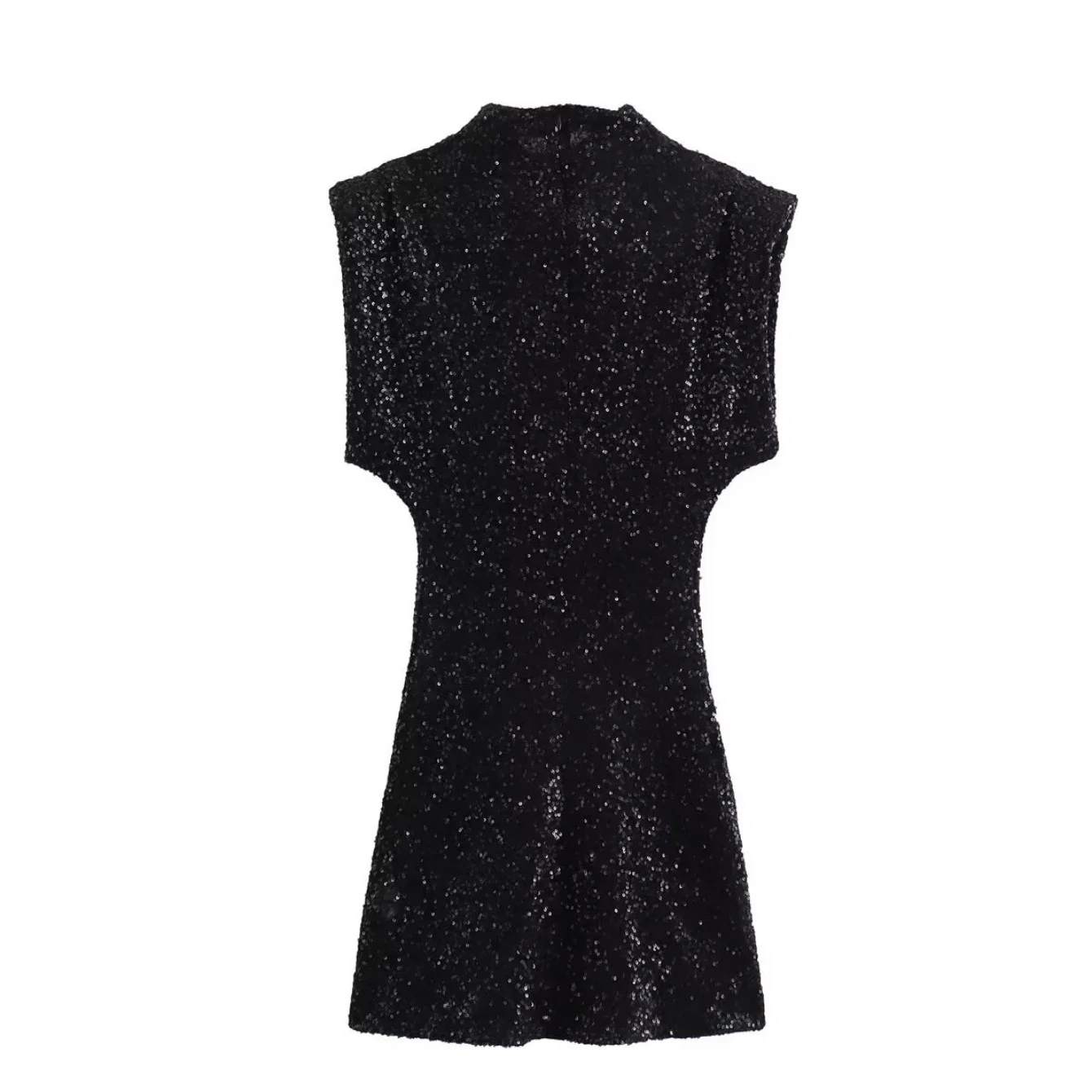 Women's Semi High Neck Mini Dress Summer Shoulder Pad Sequin Sleeveless Short Dress Female Fashion Elegant Evening Party Dress