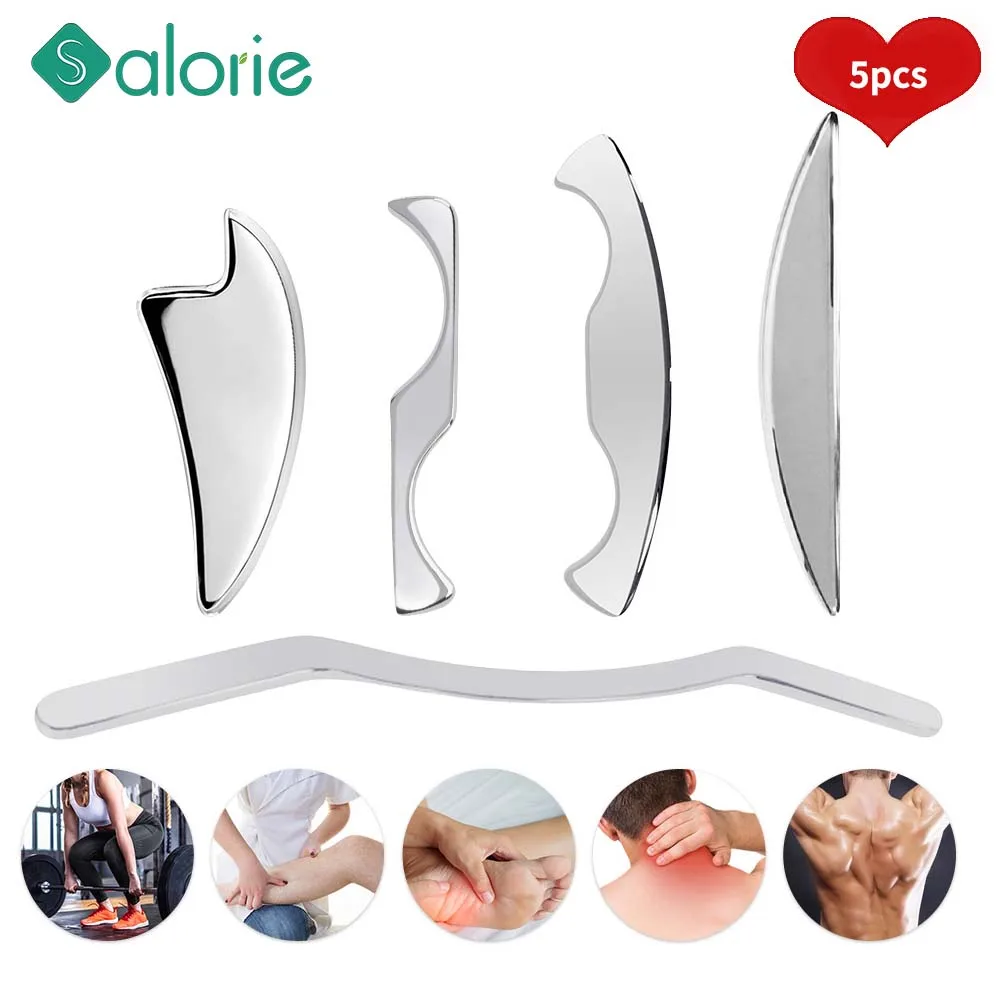 

5pcs Stainless Steel Gua Sha Scraping Massage Tools Set IASTM Tool Great Soft Tissue Mobilization Physical Therapy Body Massager