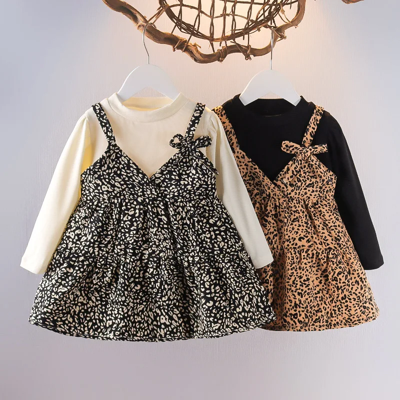 

Весенне-осенние платья, новые осенние Юбки принцессы в западном стиле для девочек, детские платья с имитацией двух частей и леопардовым принтом