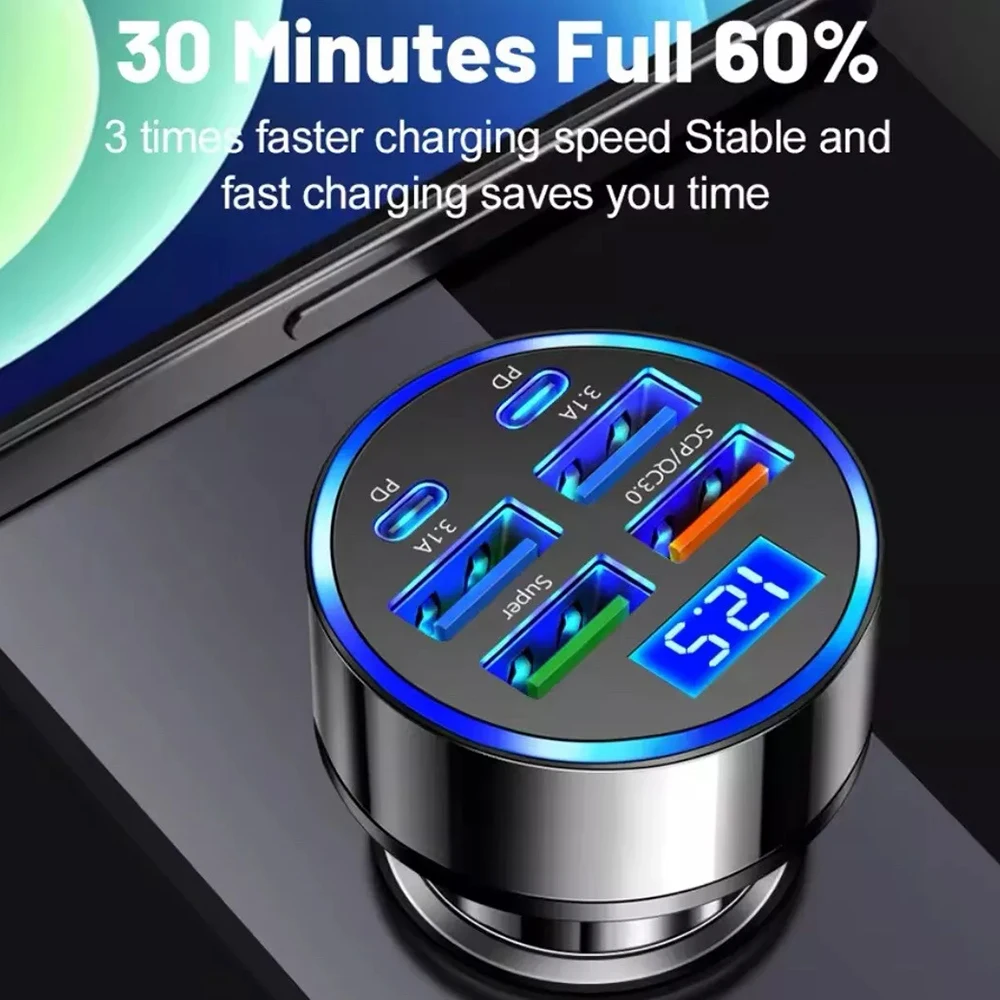 100W 5/6 Ports Car Charger Digital Display Fast Charging USB Car Lighter PD QC3.0 Car Phone Charger for iPhone Samsung Xiaomi