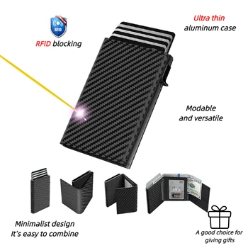 YATBEST Borsa per carte da uomo Scatola pop-up automatica in alluminio Spazzola antifurto RFID Portafoglio minimalista ultrasottile Clip per carta di credito in pelle 1