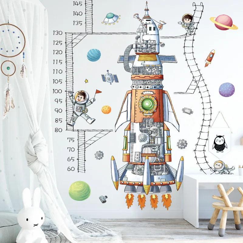 

Cartoon Space Rocket Height Measure Wall Sticker For Kids Rooms Growth Chart Nursery Room Decor Wall Art Creative Wallpaper