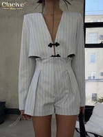 Clacive Fashion Stripe Print 2 Piece Sets Women Elegant Slim Long Sleeve Irregular Top With High Waist Shorts Set Streetwear - Image 4