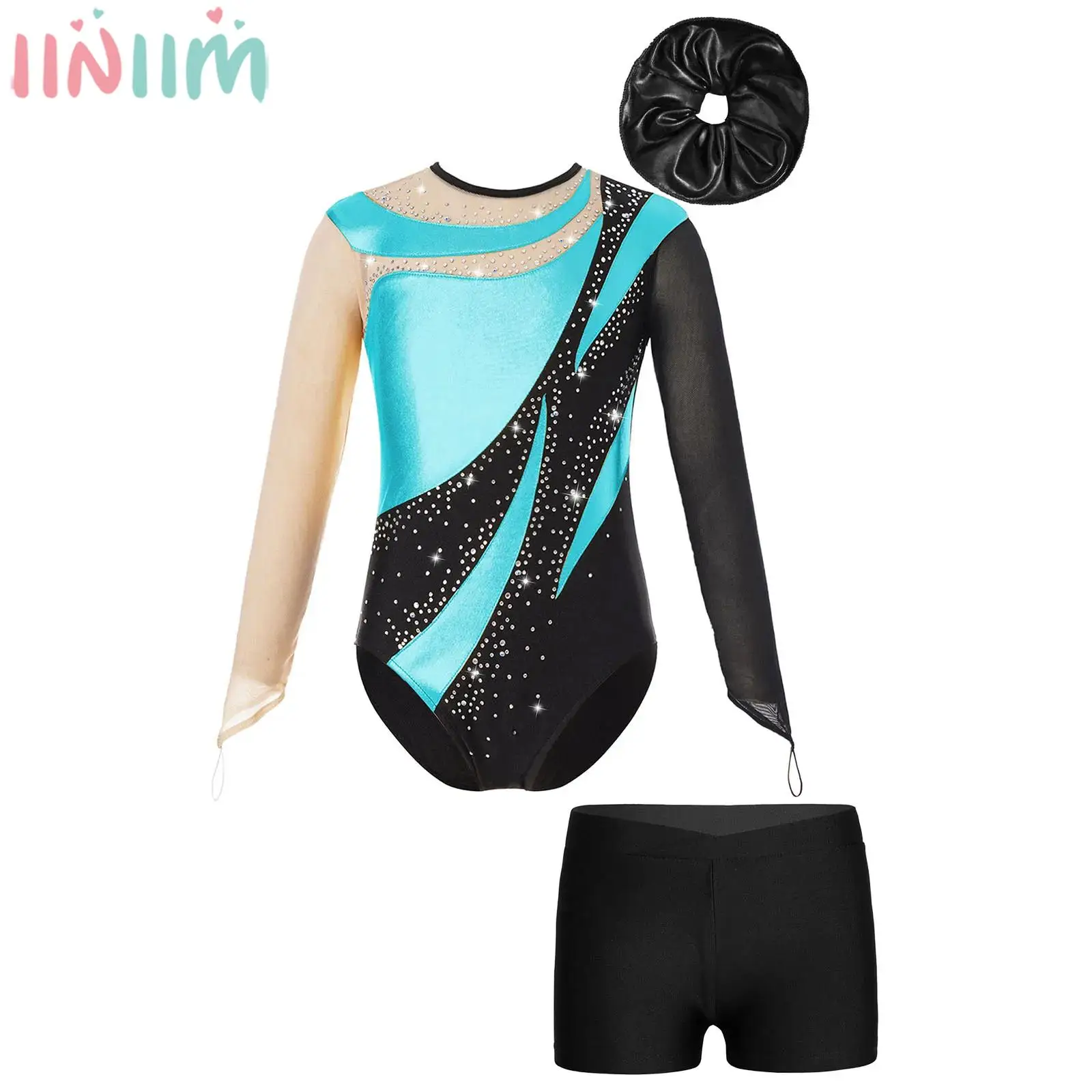 

Children Girl Long Sleeve Figure Skating Ballet Dance Leotard Gymnastic Acrobatics Yoga Bodysuit with Shorts Hair Band Dancewear