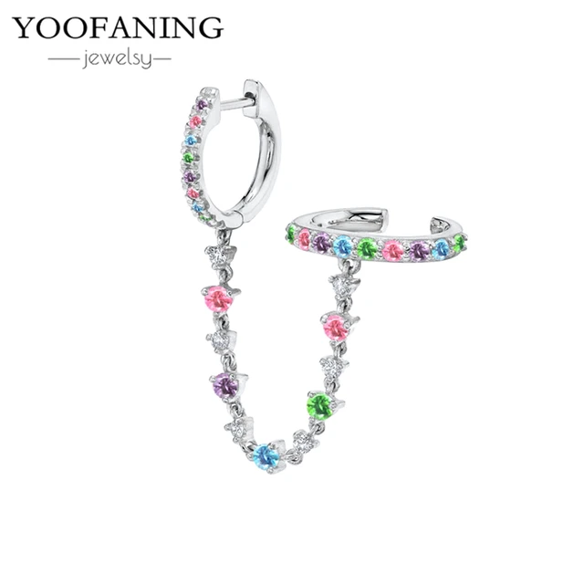 YUXINTOME 1 PC 925 en argent Sterling aiguille d'oreille coloré Zircon chaîne gland boucles d'oreilles pour les femmes deux trous boucle d'oreille bijoux A45