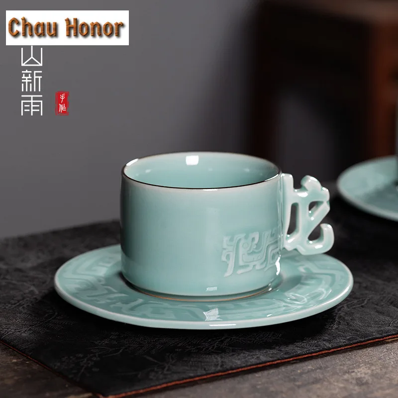 160ml Handmade Longquan Celadon Coffee Mug With Plate Hot Chocolate Cup Tea Pair Afternoon Tea Mug Cup Saucer Kit Drinkware Gift