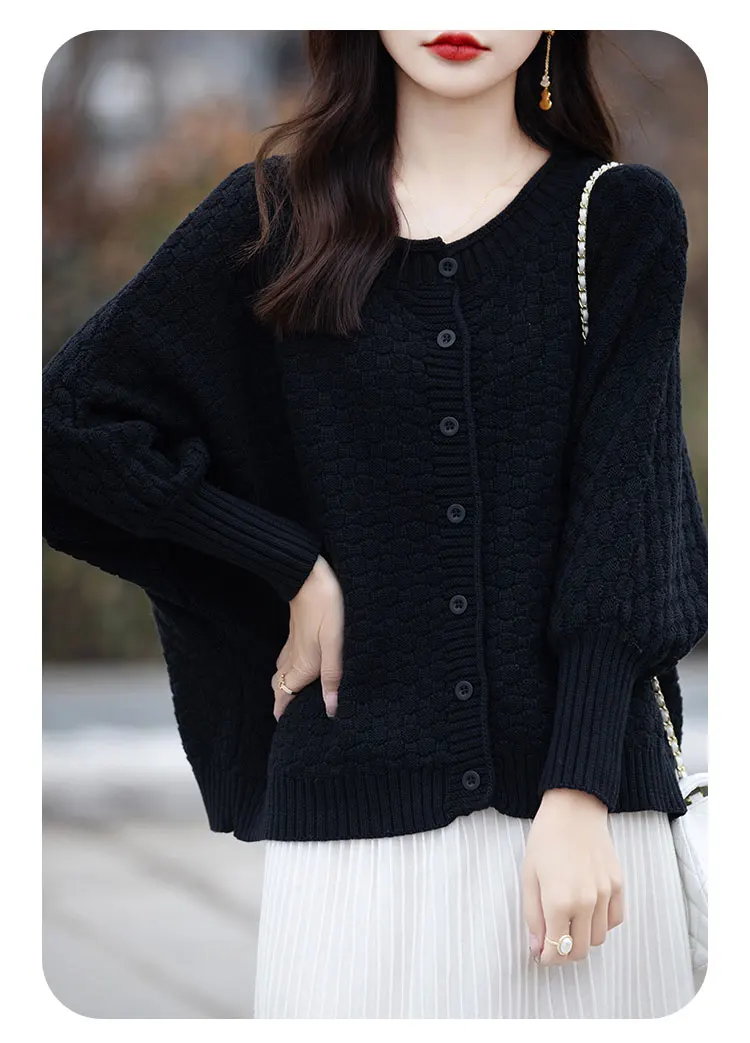 Women's 100% Cotton Sweater Round Collar Bat Sleeve Cardigan Autumn Winter Checkerboard Grid Warm Jacket Casual Knit Basic Tops