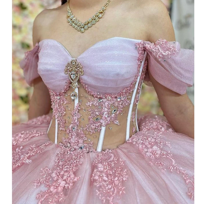 Quinceanera Dresses ANGELSBRIDEP Glittering Pink Quinceanera Dress Crystal Beading Lace Vestidos De 15 Anos Formal Birthday Party Prom Ball Gown