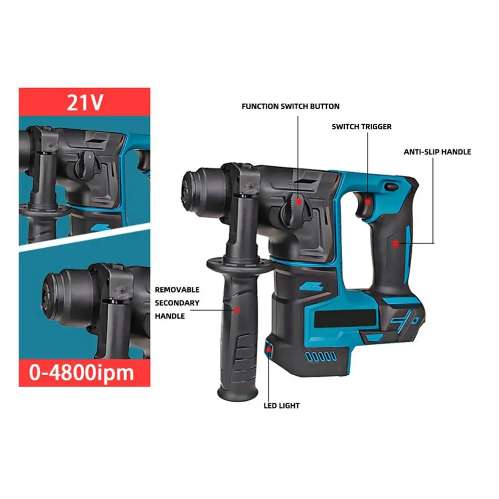 Brushless Electric Hammer Drill 4800ipm Rechargeable Cordless Rotary Hammer Drilling and Chiseling Tool for Makita 18V Battery 2