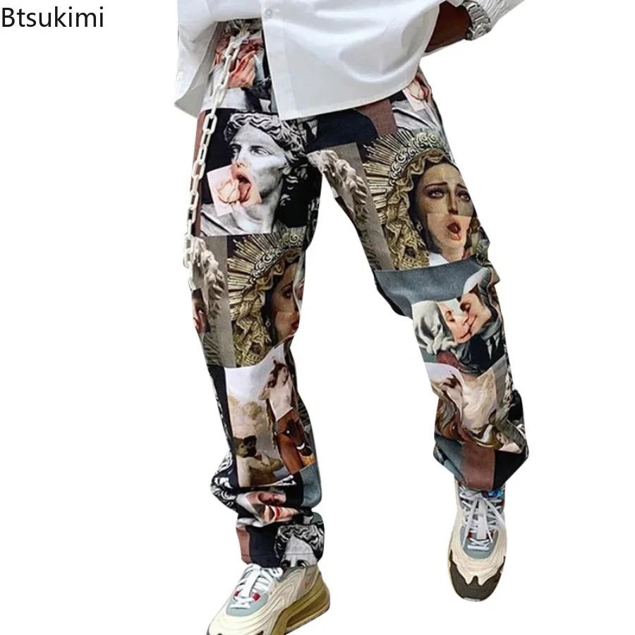 New Spring Autumn Men Pants Streetwear Printed Pants Straight Loose Mid Waist Casual Trousers Men Fashion Full Length Male wide leg pants men dress pants