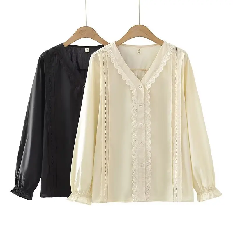 XXXXL Fashion Plus Size Women's Shirt 2025 Autumn Stylish V-neck Ruffle Hollow Out Long Sleeved Cotton Blouses 8083