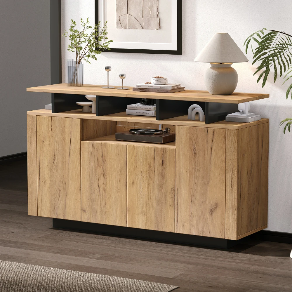 PINGGO Kommode, Sideboard, 4 Türen, 3 offene Regale, Naturholz, für Wohnzimmer, Flur, Büro, 140 x 40 x 85 cm – Detail 5