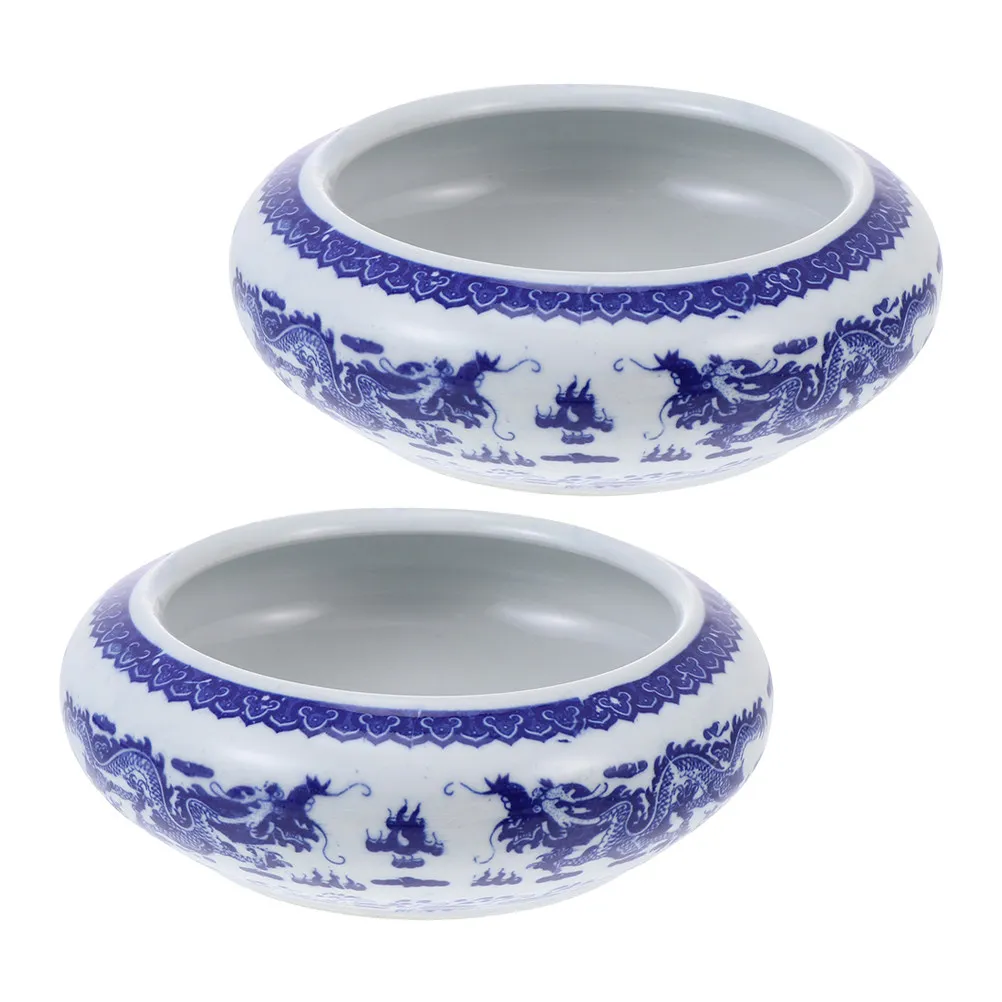 2Pcs 파란색과 흰색 도자기 잉크 브러쉬 와셔 세라믹 잉크 접시 서예 그림 연구 문구 용 다기능