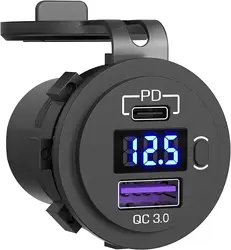 Dual USB C Car Charger with LED Voltmeter & On/Off Switch - 12V/24V, PD3.0 & QC3.0 Ports (A)
