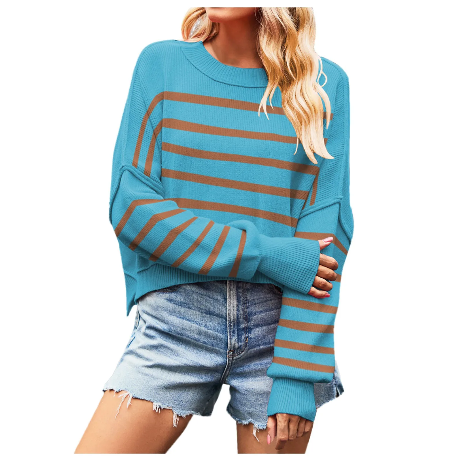 

Модные теплые толстые свободные свитера в полоску, женский элегантный вязаный пуловер с круглым вырезом и длинным рукавом, топ, осенние женские топы, джемперы