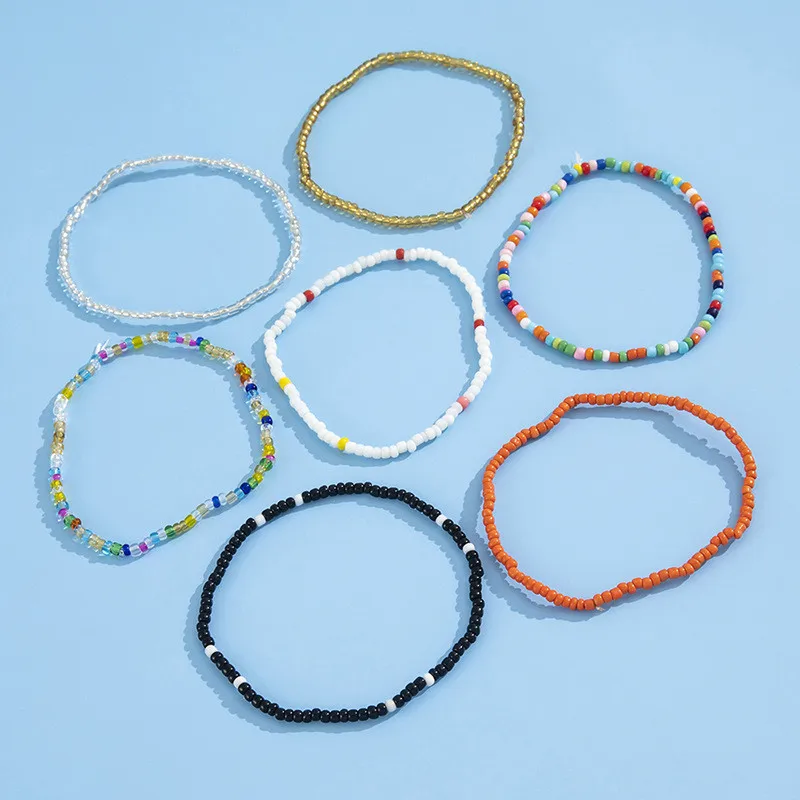 7pcs/Set Handmade Beaded Anklet Bracelets Rainbow Color Elastic Ankle Bracelet On The Leg Foot Beach Jewelry bead bracelet beads anklet