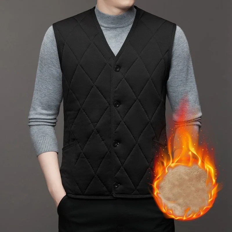 Autumn Winter Male Clothes Fashion Sleeveless Thickening Button Vest Casual Warm Solid Plaid All-match Men's Plus Fleece Coat