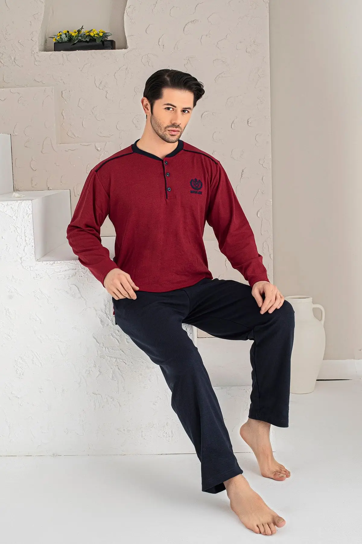 Men's Navy Blue M Emblem Long Sleeve Single Jersey Fabric Knitted Pajama Set