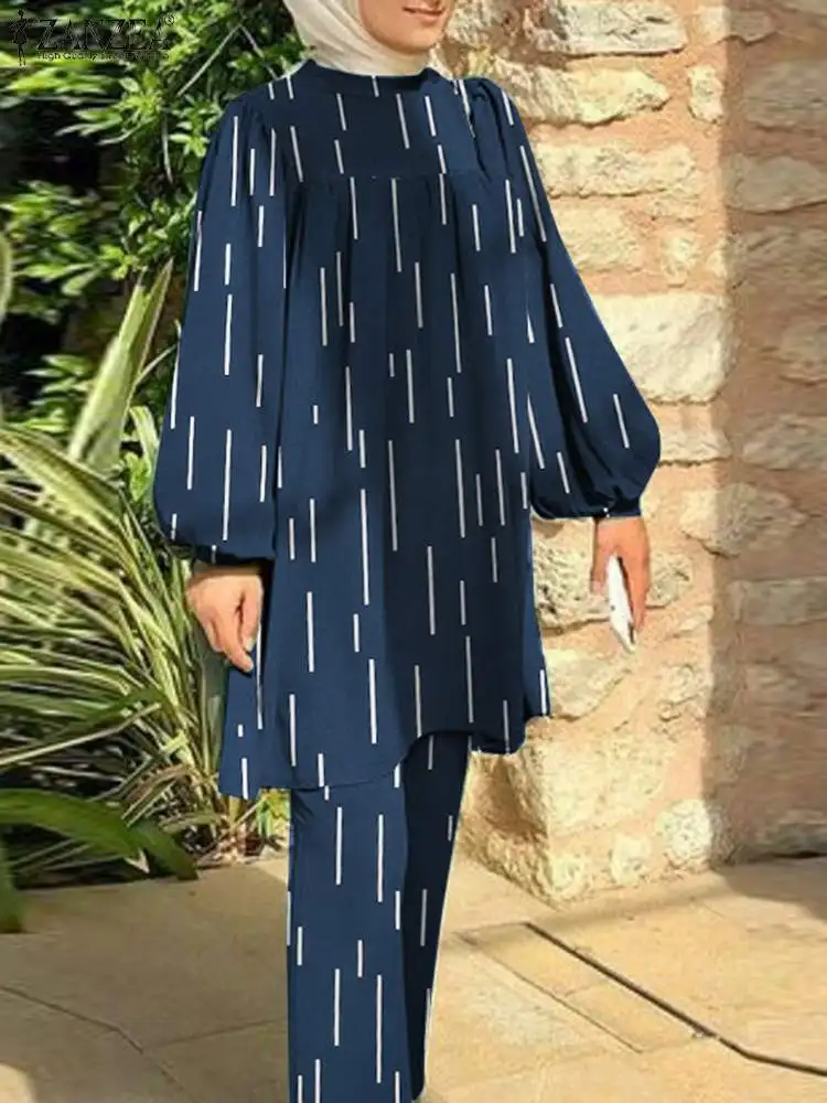 ZANZEA 여성용 무슬림 패션 매칭 세트, 캐주얼 바지 정장, 보헤미안 프린트 블라우스 세트, 터키 의상, 루즈 이슬람 의류 