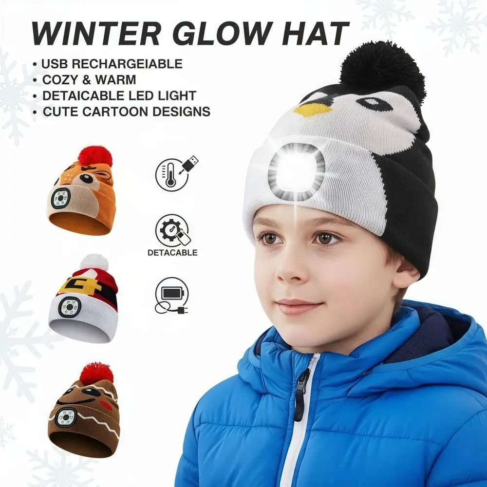 USB Rechargeable LED Light-up Knitted Hat Detachable Winter Warm Headlamp Cap Cartoon Luminescent Design LED Beanie with Light