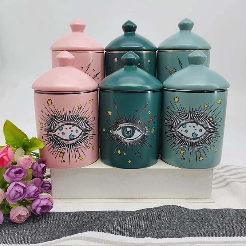 Starry Sky Eye Ceramic Decorative Jars Lids Candle Holder Tarros Para Velas Pot Bougie Vide Verre Keramiek Potje Met Deksel