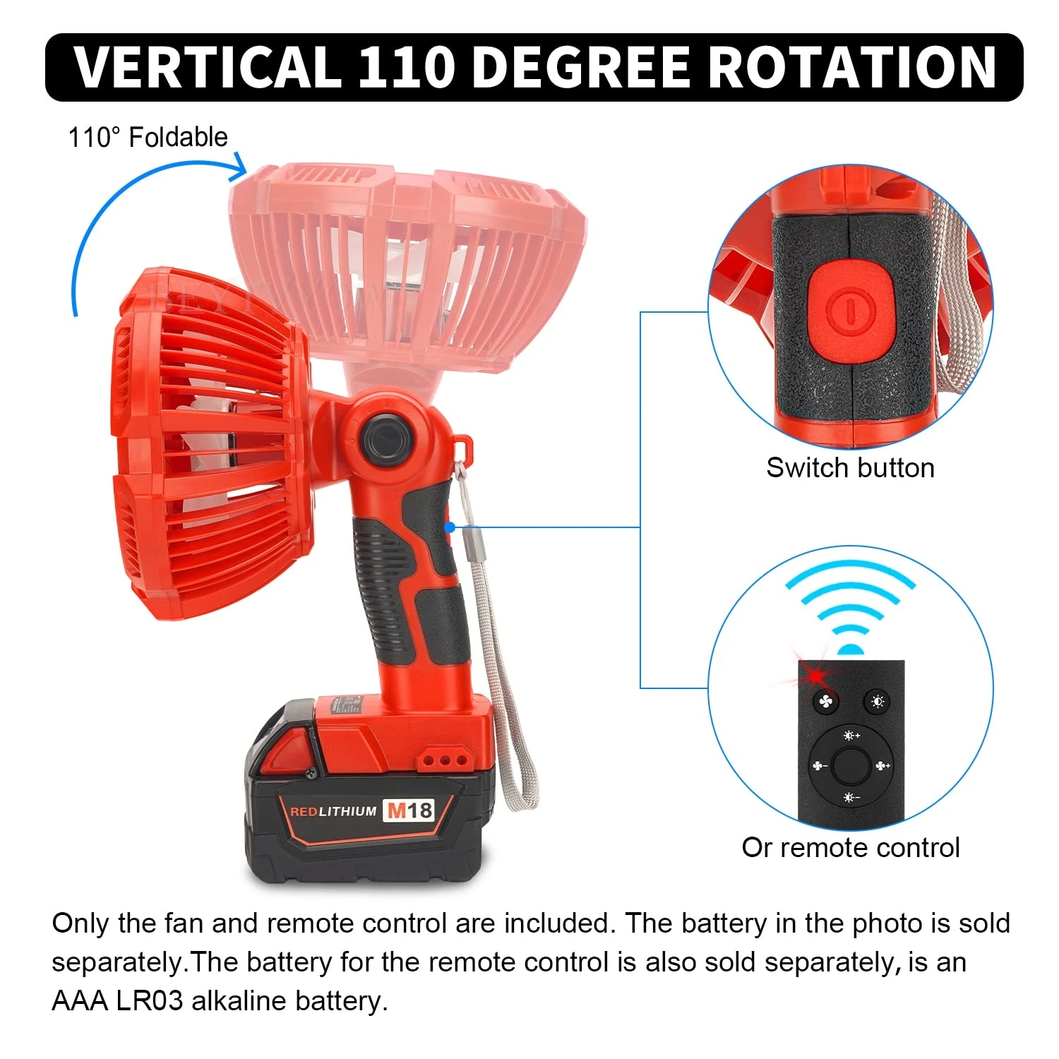 3300RPM Cordless Fan Compatible With Milwaukee 14.4-18V Battery With 300LM LED L