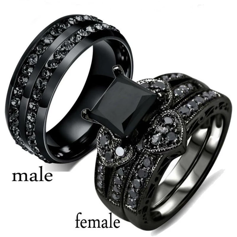 Popular Couple Romantic Couple Ring Fashion Jewelry Anniversary Wedding Black Heart Cubic Zirconia Ring Set