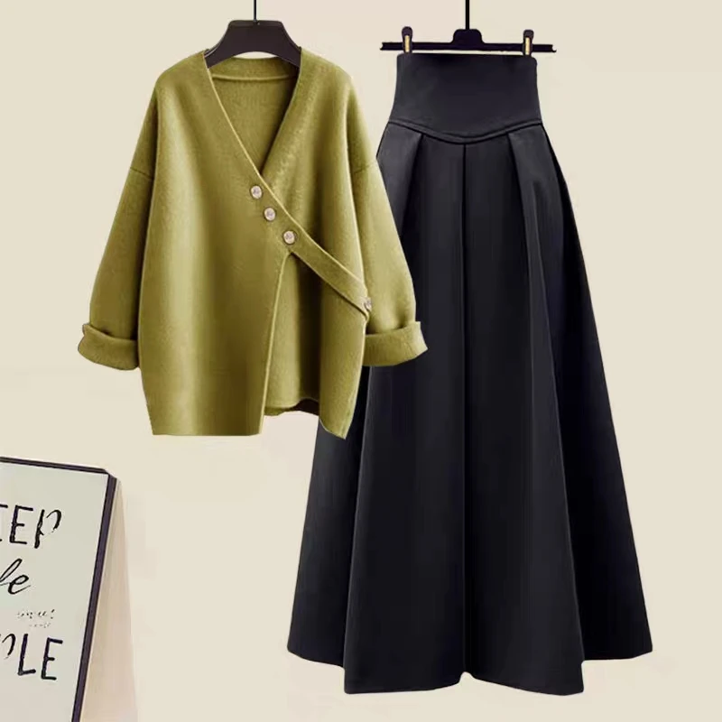 2023 Autumn Winter New Sweater Tops Skirts 1 or Two Piece Set Korean Lady Graceful Knit Pullover Skirt Outfits Solid Knitwear