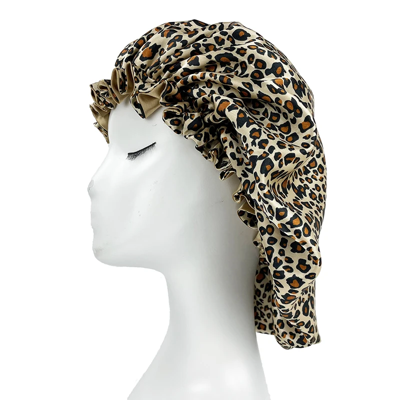 Large Double Layer Silky Satin Bonnet Women Beauty print Sleep Night Cap Head Cover Bonnet Hat for Curly Springy Hair Wholesale 4