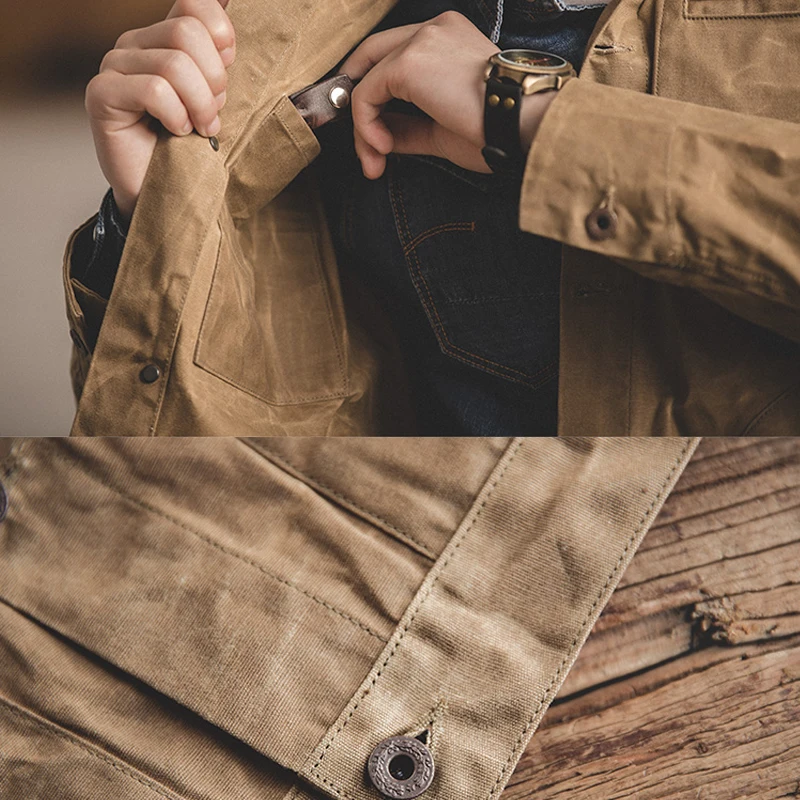Maden Men's Canvas Oil Wax Jackets Khaki Vintage Multi-pocket Lapel Collar Single-breasted Jacket for Male Autumn Clothing Tops 5