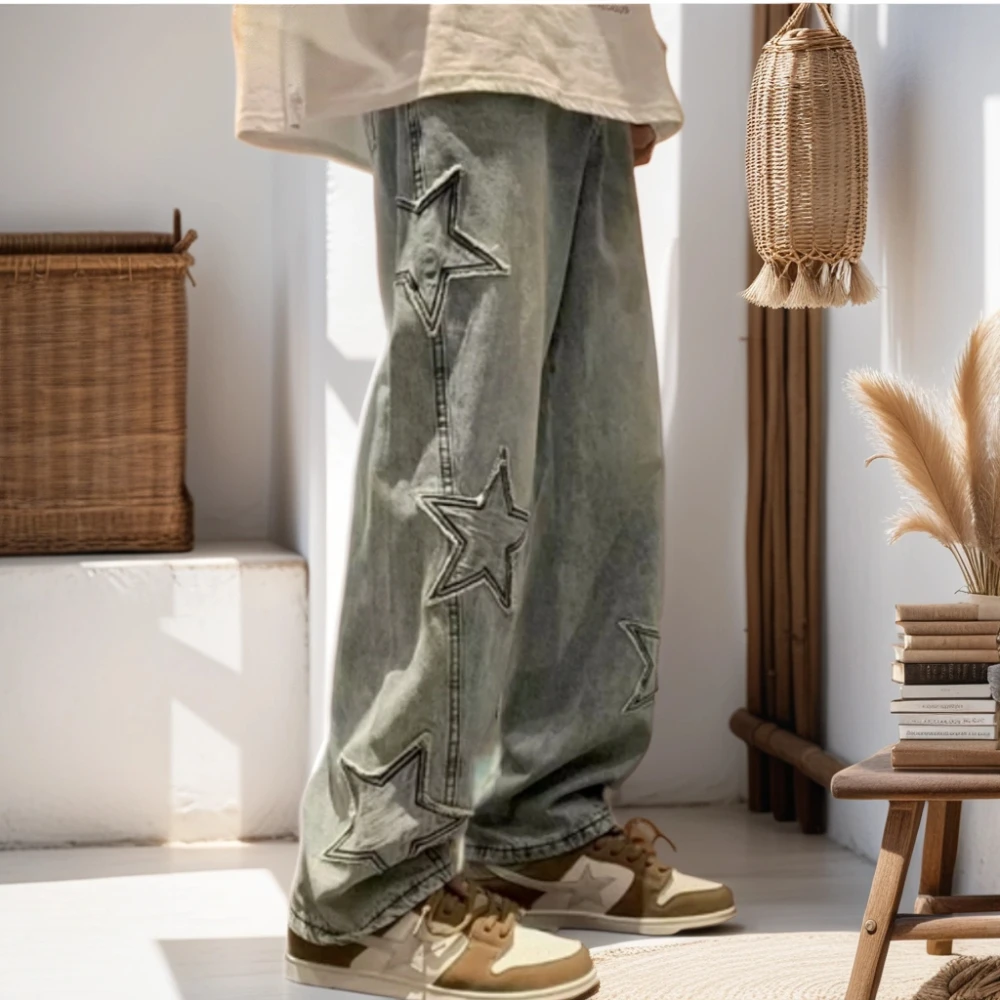 Y2K American Fashion Jeans men Vintage Streetwear Star Aesthetic Spliced Denim Straight Loose Mop Wide Leg cargo Pants men