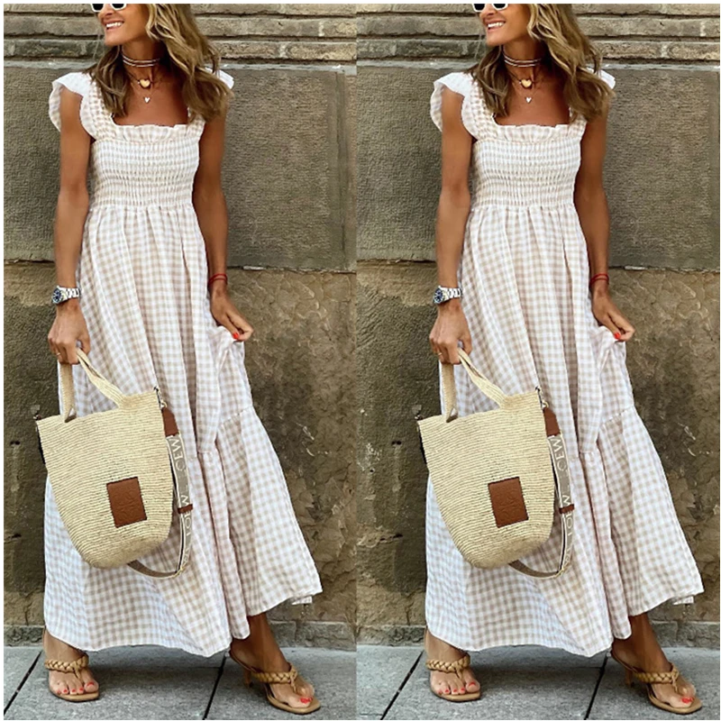 Elegant Casual Women's Long Dresses Sexy Open Back 2023 Summer Plaid