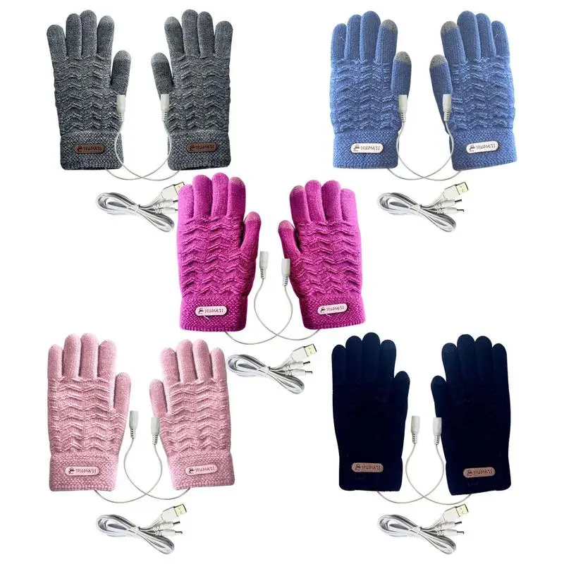 1 Pair Heated Knitting Full Finger Mittens Windproof USB Electric Heating Gloves Portable Constant Temperature Hand Warmer