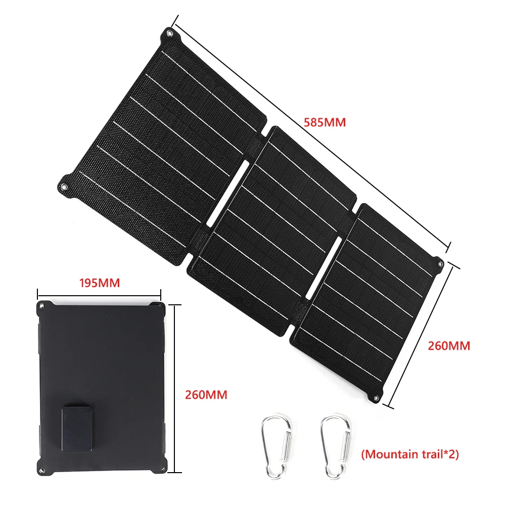 5V/12V Solar Panel Charger with Carabiner Waterproof 30W Mobile Phone Power Bank Dual USB DC Ports ETFE Scratchproof for Outdoor