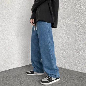 2025 New Streetwear Loose Jeans Men Korean Style Fashion Loose Straight Wide Leg Pants Men's Brand Clothing Black Light Blue 1