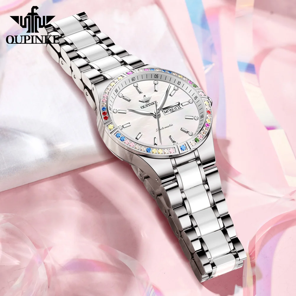 OUPINKE 3283 Women's Watch Luxury Dual Calendar Automatic Watch For Women Waterproof Mechanical Wristwatch Ceramic Steel Strap