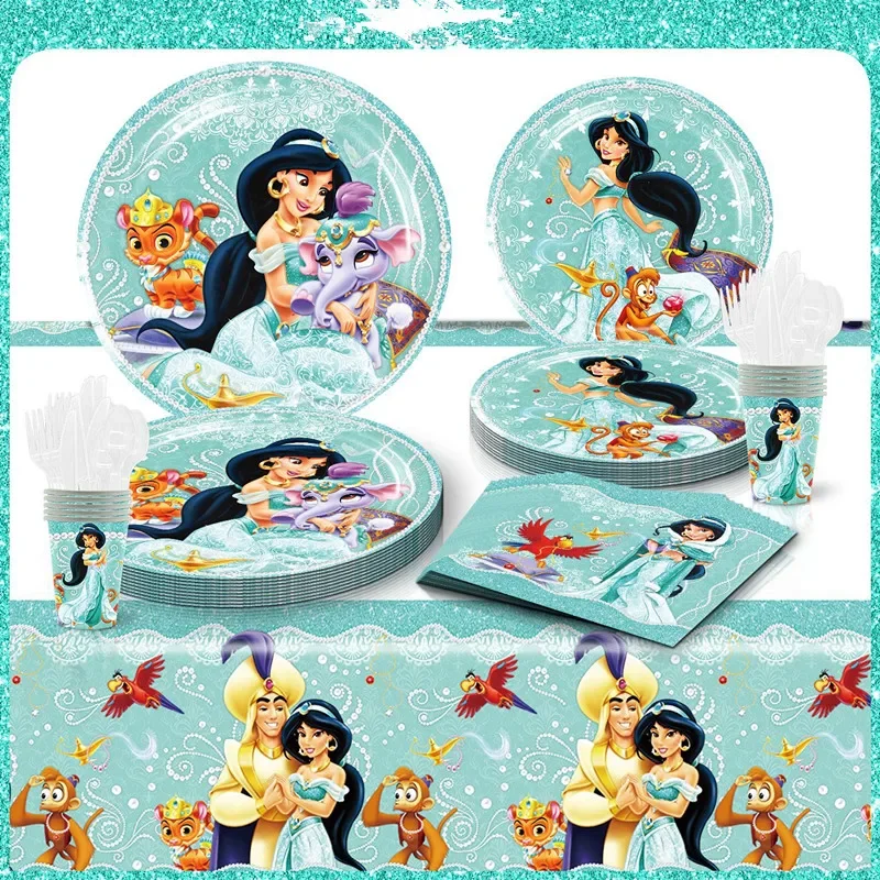 Birthday tableware set Birthday party supplies Party supplies Disposable tablecloth Princess Jasmine Birthday Party Decor Disposable Tableware Cup Plate Tablecloth Balloon Banner Set Baby Shower Supplies