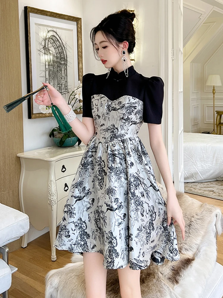

New Chinese Style Summer Elegant Women Evening Short Dress Retro Floral Puff Sleeve Slim Mini Dresses Party Gown Mujer Vestidos