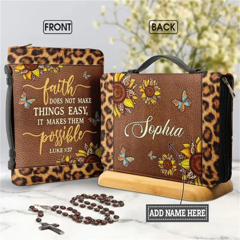 

Fashion Christian Art Bible Cover Sunflower Leopard Print Design Bible Pack Comfort Material Woman Handbag Customize Your Name