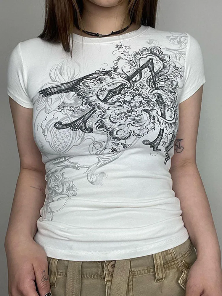 

Retro Graphic Crop Top White Short Sleeve O Neck Casual T Shirt for Women y2k Aesthetic Vintage Basic Tees Ladies Clothes