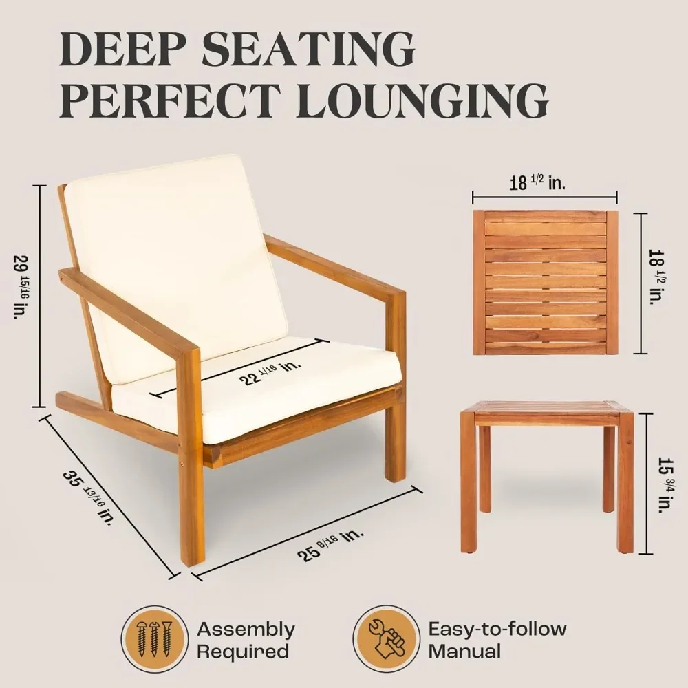 NEW-Natural 3-Piece Patio Bistro Sets with Foldable 400lbs Weight Chairs, a 220lbs Shelf Table, Made from FSC-Certified Acacia W