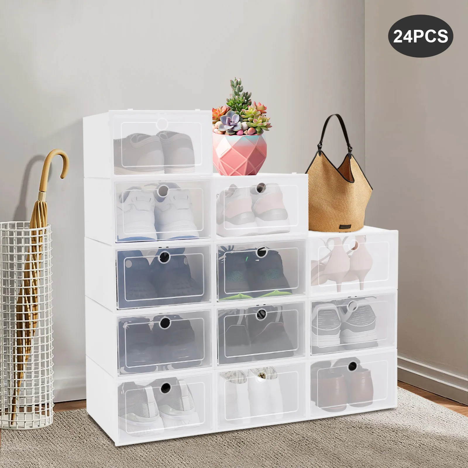 24 Pack Stackable Shoebox Thicken & Sturdy Clear Multifunctional Shoe Box for Universal Shoe Storage and Sneaker Boot Container 3