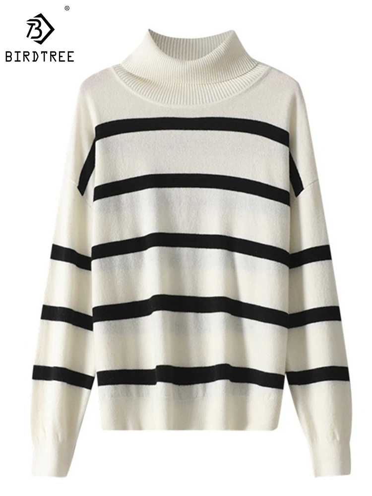 

Birdtree 100% Sheep Wool Thermal Pullover Sweater Striped Turtleneck Lazy Style Casual Comfort Versatile Knitwear Woman T30406QD