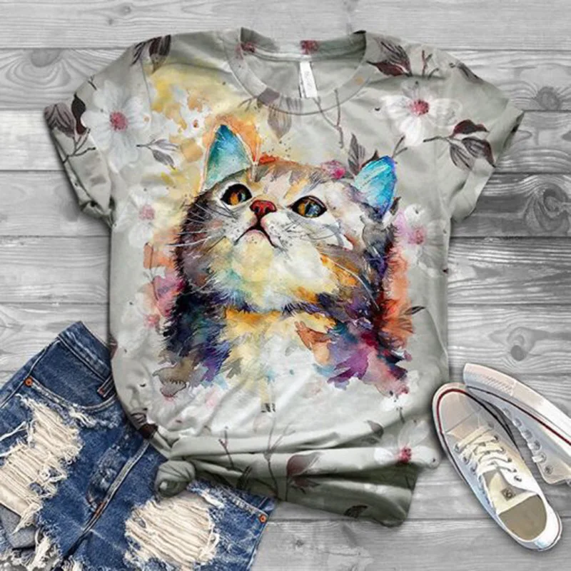 T-shirt imprimé hibou 3D pour femme, surdimensionné, décontracté, à manches courtes, motif chat, motif animal, Kawaii801_voghion.com