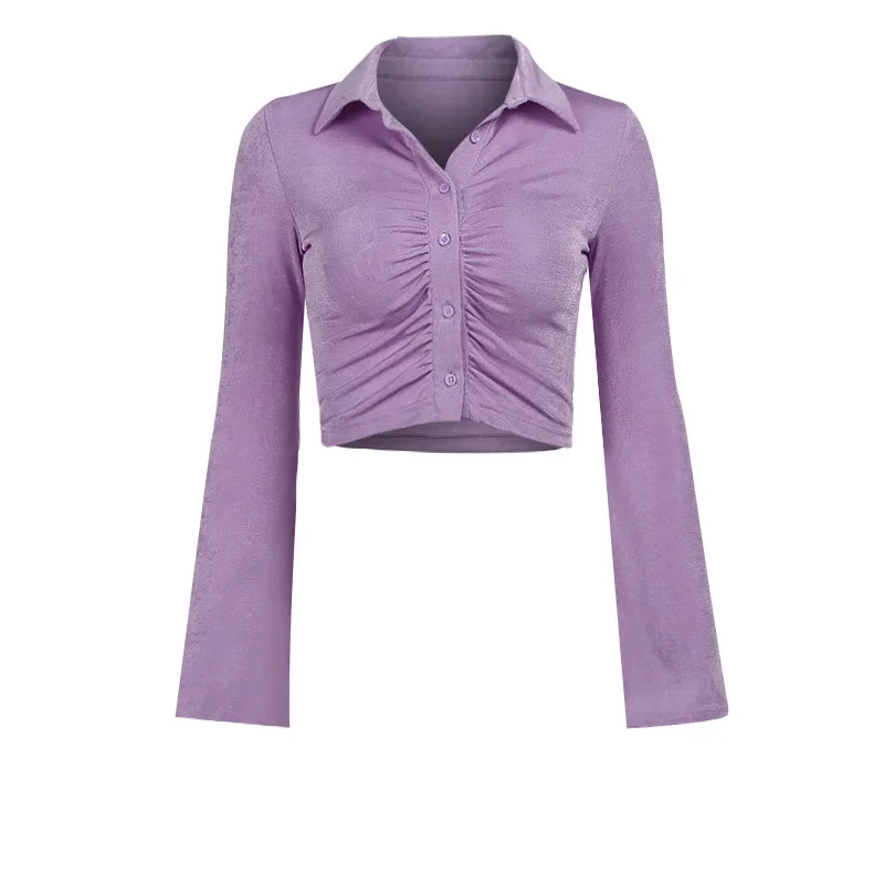 

2023 Fashion Women's Slim-fit Pleated Knitted Trumpet Sleeve Top Autumn New Temperament Long-sleeved Simple Pure Color Cardigan