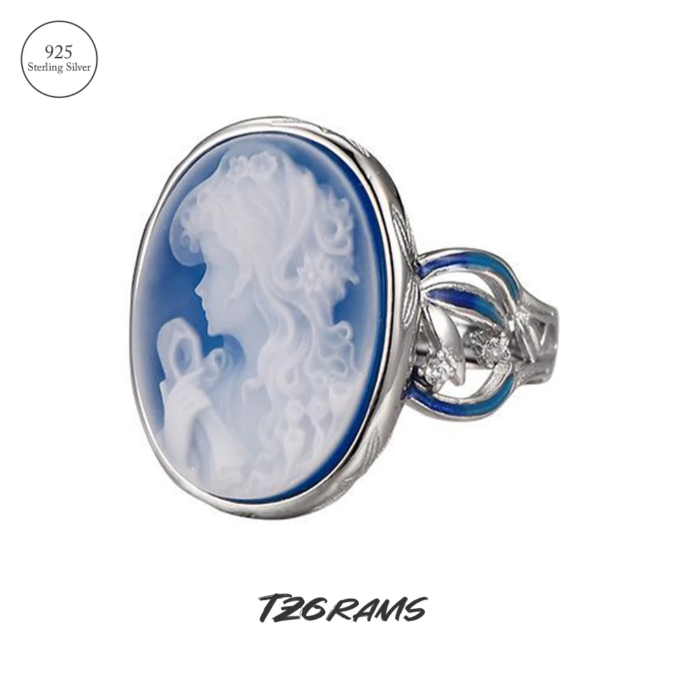 TZgrams Cameo Rings for Women Natural Blue Agate Girl's Face White Shell S925 Sterling Silver Oval Finger Ring Statement Jewelry