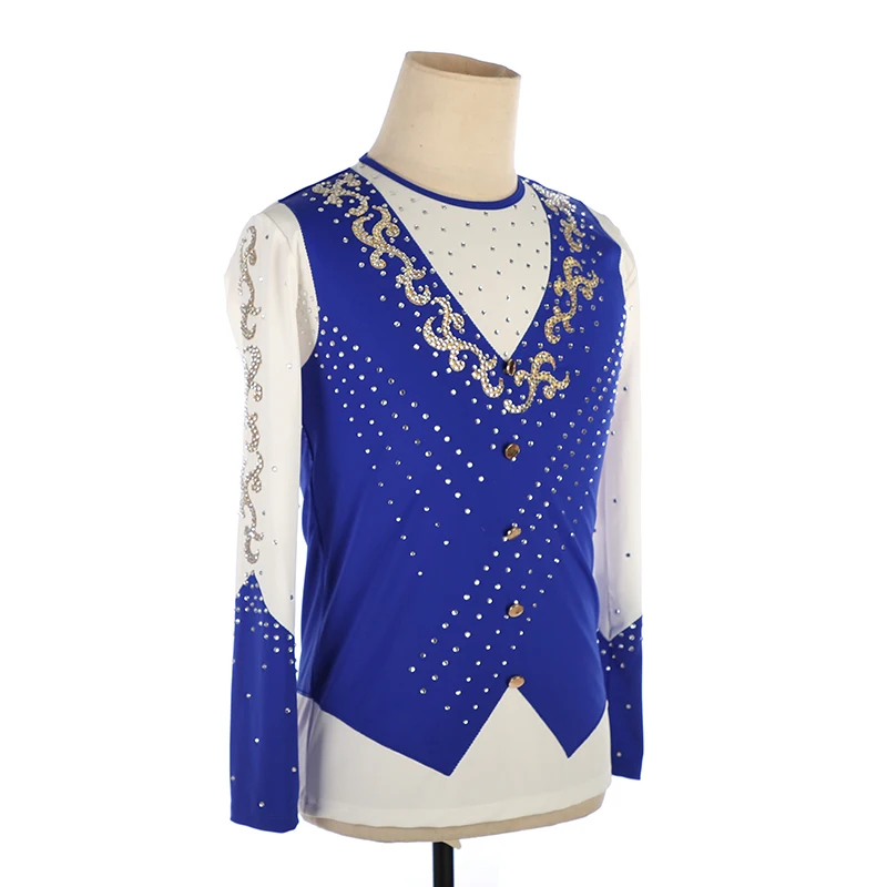 Nasinaya Boys' Rhythmic Gymnastics Men's Figure Skating Performance Costume Competition Blue Round Neck Shirt Top Golden