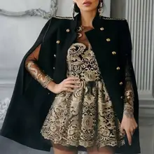 

VONDA Women Sexy Sleeveless Cloak Cape Overcoat Femme Vintage Printed Turtleneck Double Breasted Button Poncho Cloak Manteau